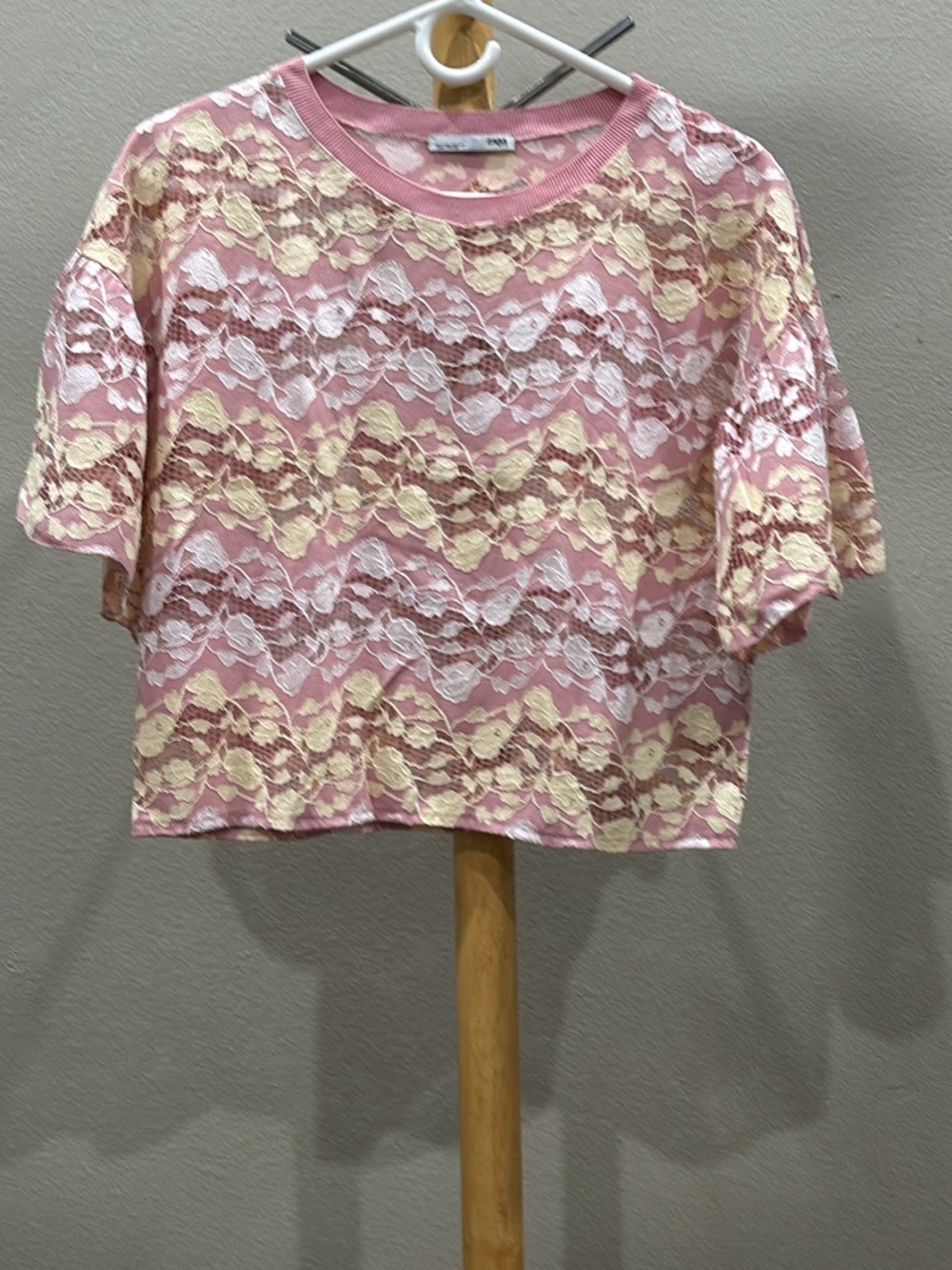 Zara Pink and Cream Lace-Trim Knit Crop Top